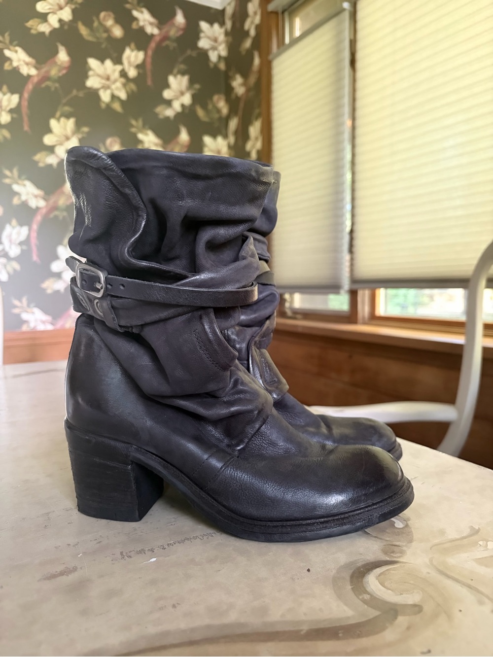 A.S.98 Black Slouch Leather Buckle Mid-Heel Combat Boots
